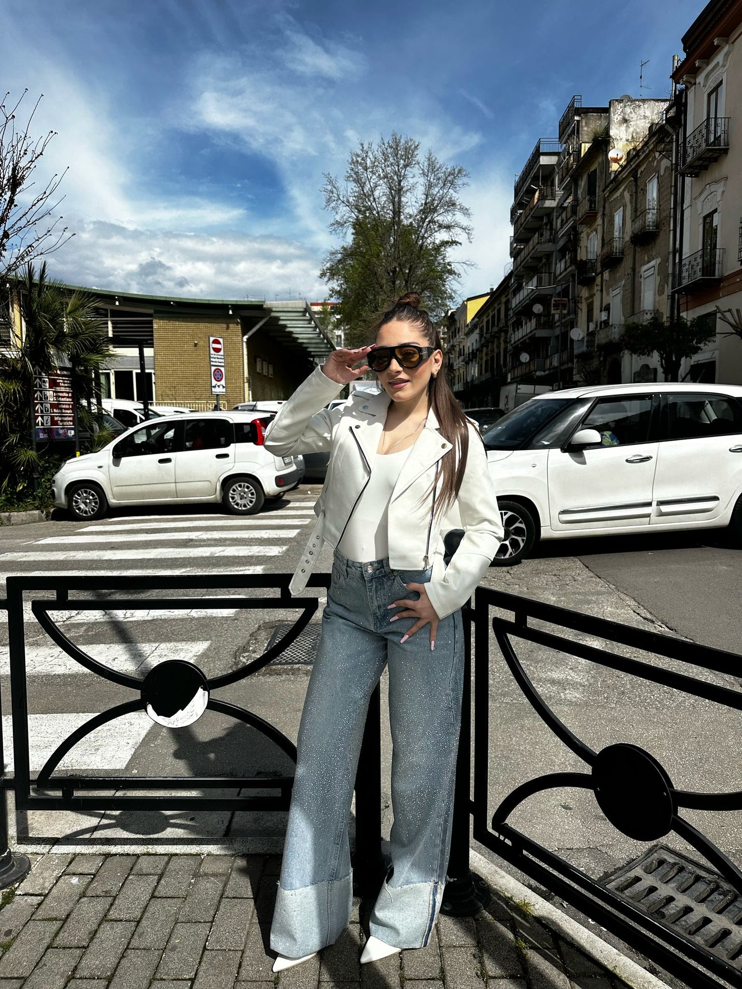 Jeans wide leg shine piega