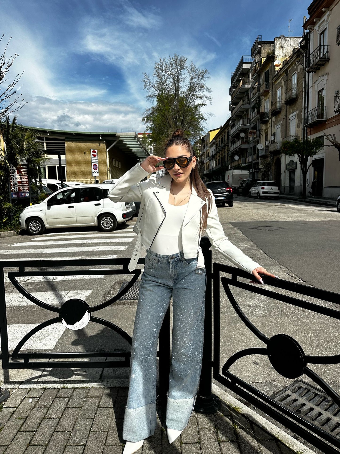 Jeans wide leg shine piega