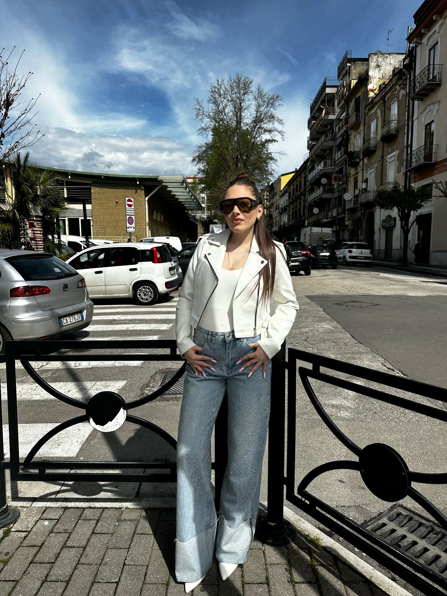 Jeans wide leg shine piega