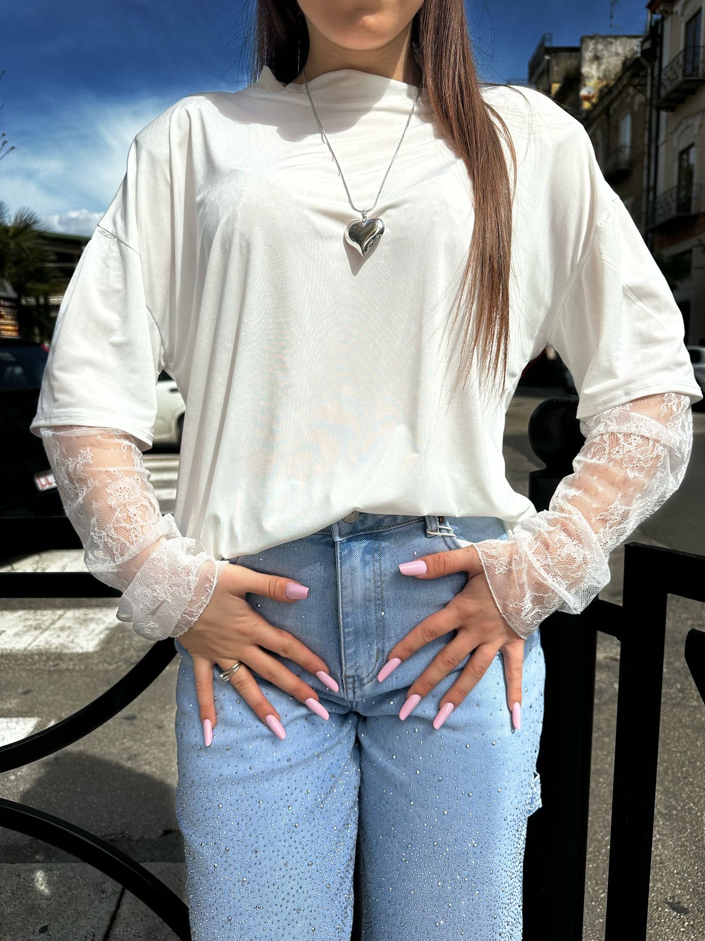 Maglia manica pizzo bianca
