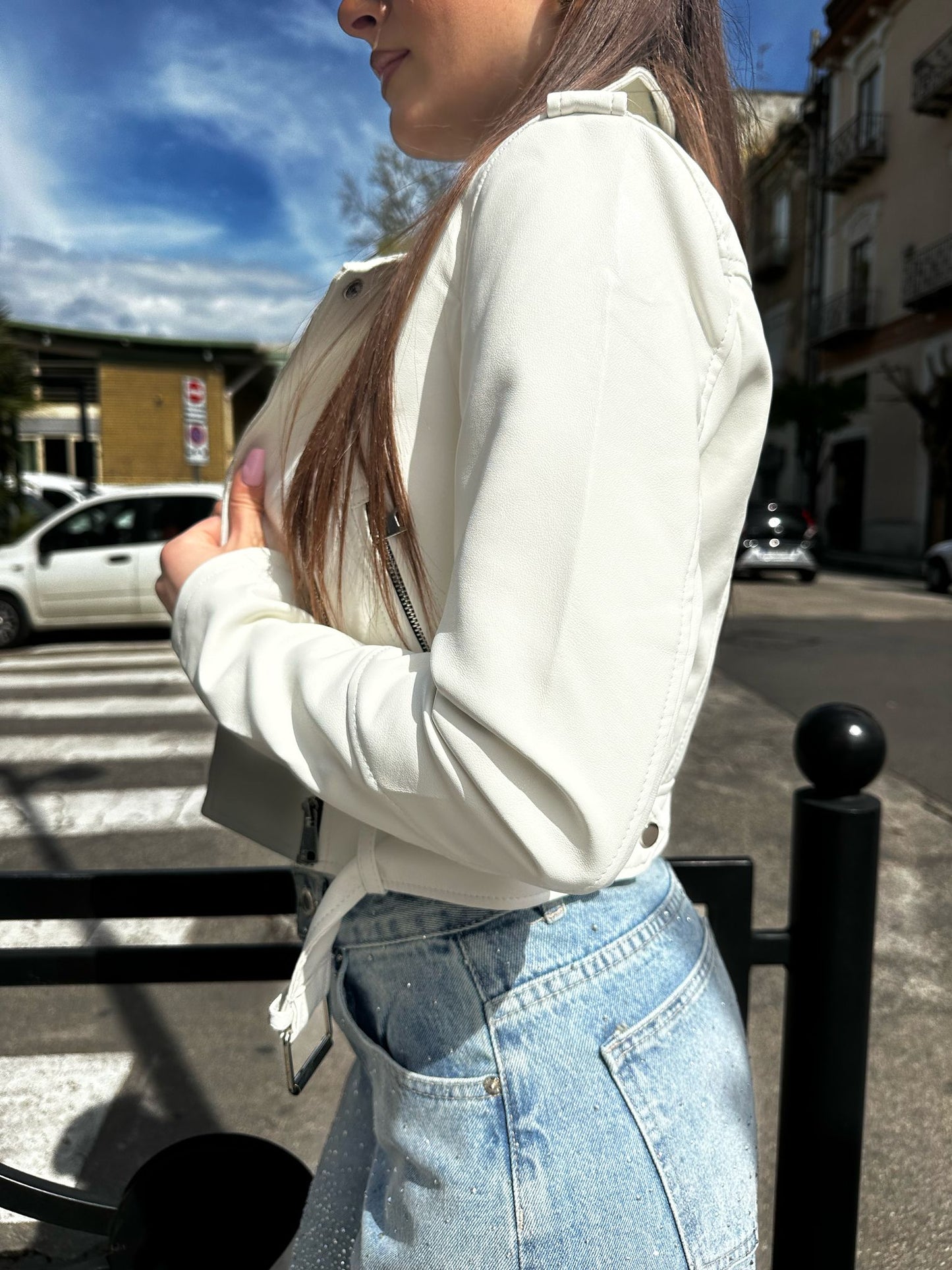 Giubbino pelle cinta bianco